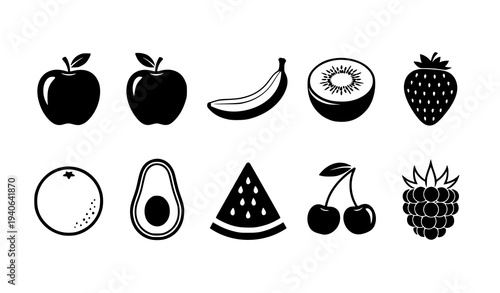Black and White Fruit Icon Grid Vector Set Apple Banana Kiwi Strawberry Isolated on White