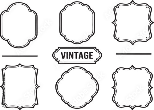 Set of 6 Vintage Decorative Frames and Labels with 'VINTAGE' Text, Black Outline