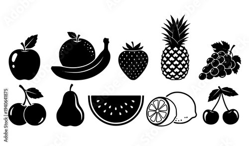 Mixed Fruit Silhouette Vector Icon Set Black Food Symbols Lineup Isolated on White