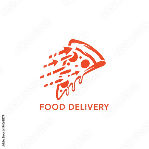 Speedy pizza delivery logo with motion arrows and melting cheese slice graphics
