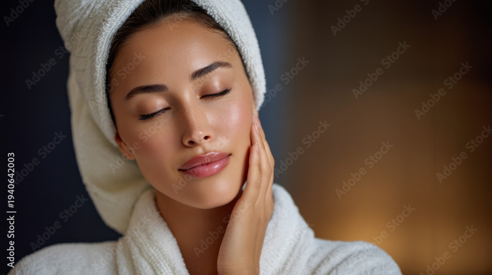 Fototapeta premium Wellness lifestyle scene featuring a woman in a white robe and towel, with a serene expression, enjoying a skincare routine