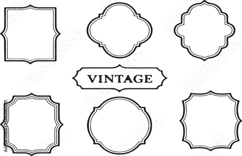6 Vintage Decorative Labels and Frames with 'VINTAGE' Text, Black Outline on White