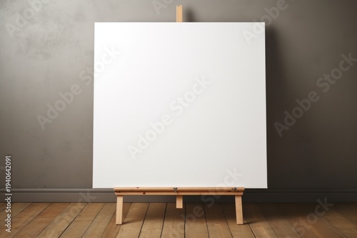 Blank Canvas on Wooden Easel against Gray Wall