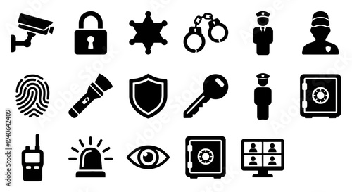 Solid black icons for security and surveillance. CCTV cameras, padlocks, and police badges collection. Vector illustration for security apps, alarm systems, and law enforcement branding. Black and whi