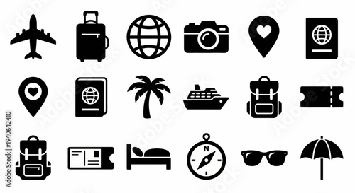 Solid black icons for global travel and tourism. Airplanes, luggage, and vacation landmarks collection. Vector illustration for booking apps, travel blogs, and hospitality branding concepts. Black and