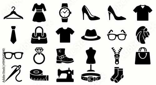 Solid black icons for fashion and clothing retail. Dresses, watches, and accessories collection. Vector illustration for e-commerce stores, style blogs, and boutique branding concepts. Black and white