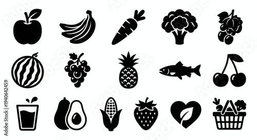 Solid black icons for healthy eating and organic produce. Fruit and vegetable collection, including apples, carrots, and fish. Vector illustration for grocery apps, nutrition branding, and farm-to-tab