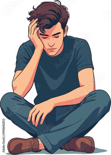 ragazzo triste pensieroso seduto che non sa cosa fare vettoriale 