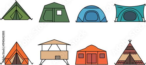 Camping tent and outdoor shelter icons set including travel campsite lodge teepee hiking adventure flat vector illustration