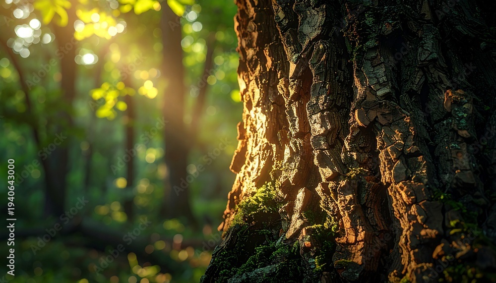 Obraz premium Close up of ancient tree bark texture with green moss in a sunlit forest for World Forest Day celebration
