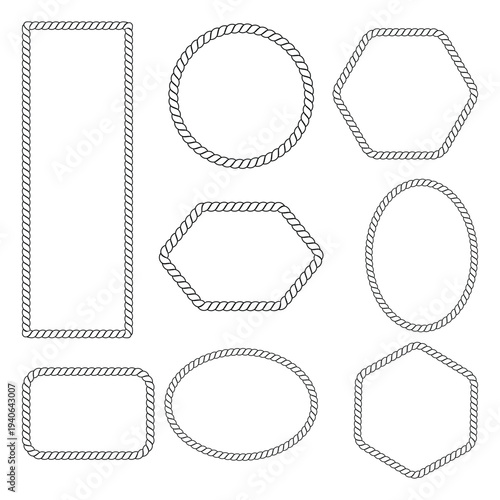 Collection of nine black and white rope framed shapes in various forms