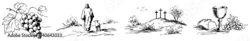 Set of biblical hand drawn vector illustrations featuring christian symbols and landscapes in line art style