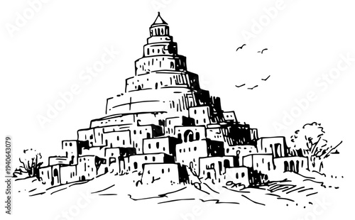 Fotografie Detailed vector sketch of the biblical Tower of Babel and the ancient city lands
