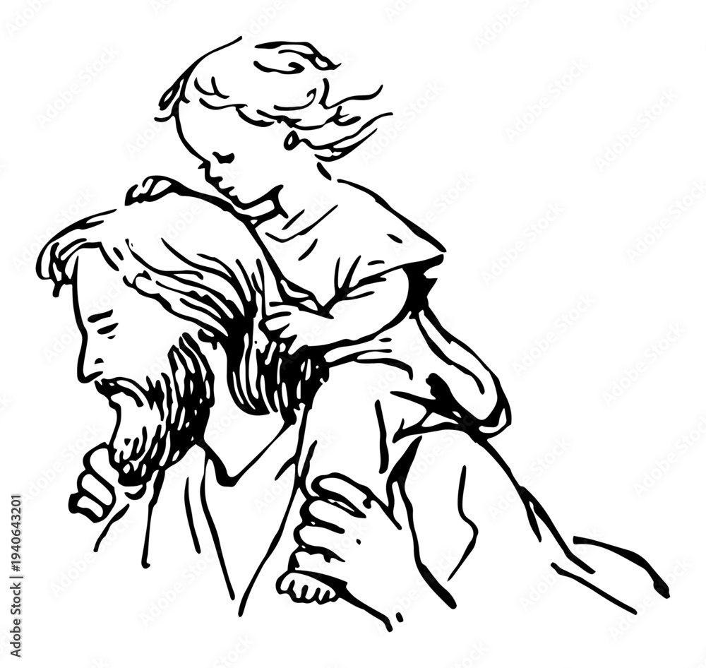 Fototapeta premium Artistic vector illustration of Jesus Christ carrying a small child on his shoulders in sketch style