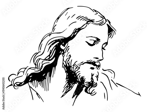 Detailed hand drawn vector portrait of Jesus Christ with a peaceful expression in line art style