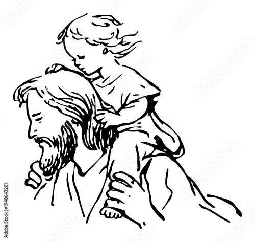 Artistic vector illustration of Jesus Christ carrying a small child on his shoulders in sketch style