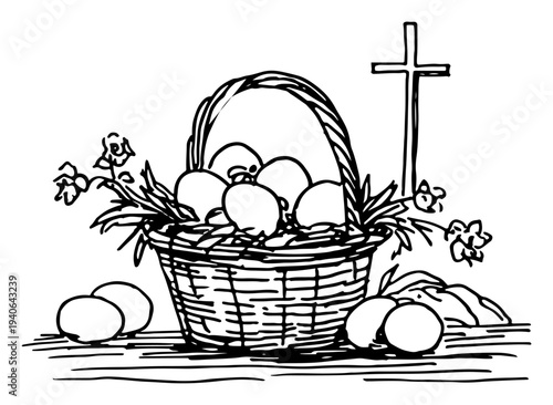 Hand drawn vector illustration of an Easter basket with eggs and a christian cross in sketch style