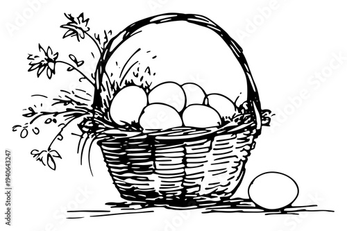 Artistic vector sketch of a wicker basket filled with Easter eggs and spring flowers