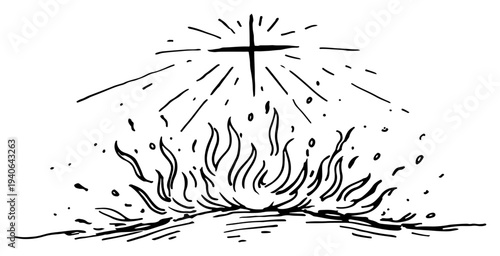 Detailed vector illustration of a cross with light rays shining over a fire
