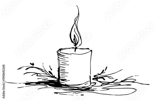 Minimalist vector drawing of a burning candle with a flickering flame in line art style