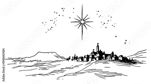 Star of Bethlehem shining over the city on a starry night vector sketch