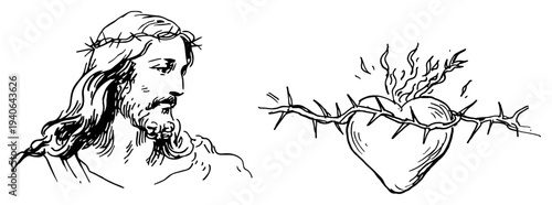 Religious vector illustration of Jesus Christ and the Sacred Heart with crown of thorns