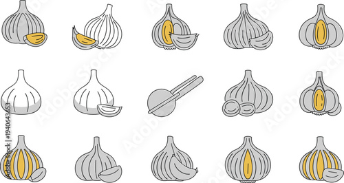 Garlic vegetable collection with whole bulbs cloves slices kitchen ingredients cooking spice food icons set flat vector illustration