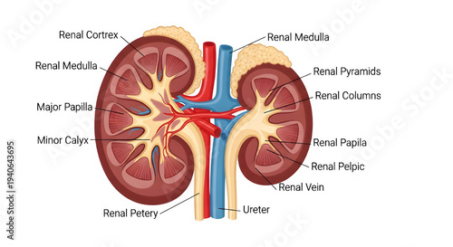 Anatomical illustration of a human kidney, detailing its internal structures like the renal cortex, medulla, and ureter, a key organ in the urinary system