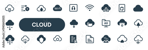 Cloud computing icons representing data storage, upload, download, and Wi-Fi connectivity.