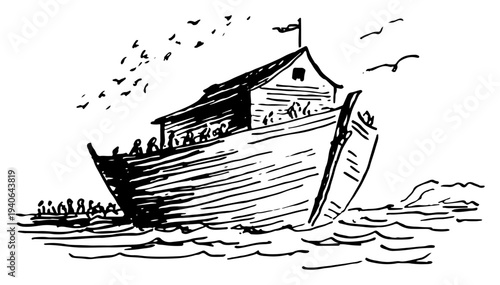 Hand drawn vector illustration of Noah Ark floating on sea waves in line art style