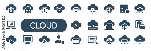 Cloud technology icons for AI, analytics, download, and data management in computing.