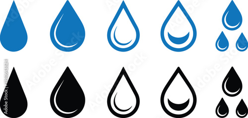 Water Drop Icons Set, Minimal Flat And Outline Style Vector Symbols, Clean Liquid Droplet Design For Nature, Environment, Hydration, And Hygiene Concepts, Isolated On Transparent Background.