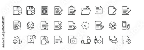 Document and file icons for PDF, editing, saving, video, and data management.