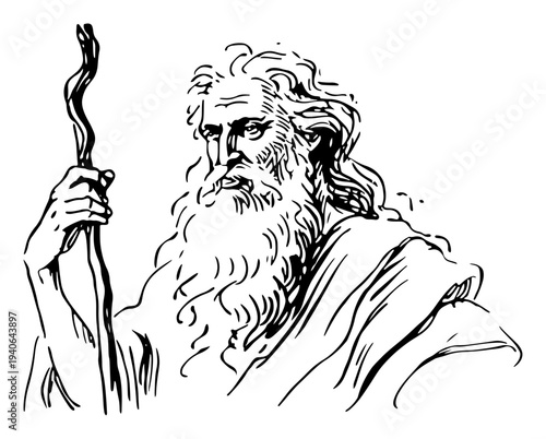 Detailed vector illustration of a biblical prophet with a staff and long beard