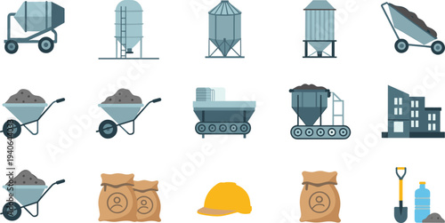 Construction materials and industrial equipment icons set including cement mixer silo wheelbarrow factory conveyor hard hat flat vector 