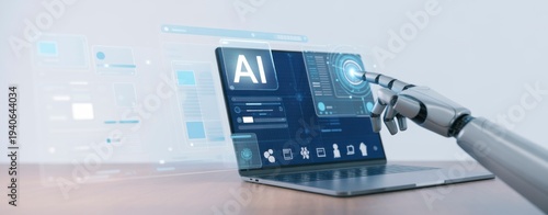 Digital Frontier: A robotic hand interacts with a cutting-edge laptop displaying AI interfaces and data analytics, showcasing the future of technology and innovation.