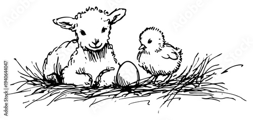 Vector illustration of a baby lamb and a chick sitting together in a nest with an egg