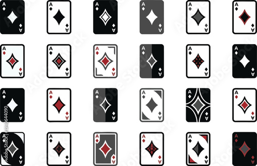 A collection of ace of diamonds playing cards with various design styles and color combinations