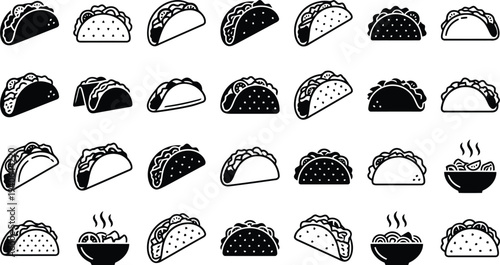 A Collection of Stylized Taco Icons Representing Various Fillings and Presentation Styles
