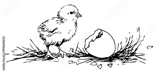 Artistic vector sketch of a small baby chick standing next to a broken eggshell