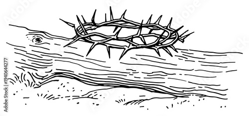Hand drawn vector illustration of a crown of thorns on a wooden log in line art style