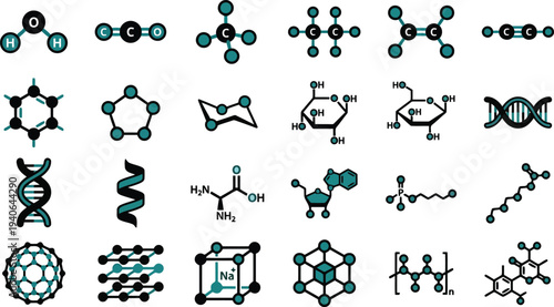 A diverse collection of scientific molecular structure diagrams and chemical formulas presented as flat icons