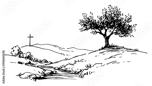 Biblical landscape vector drawing featuring a cross on a distant hill and a tree by the stream