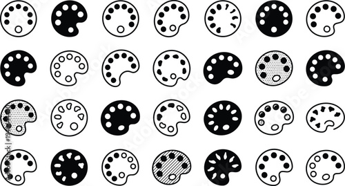 Collection of artistic paint palettes in various black and white styles and patterns for drawing