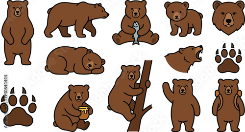 Collection of charming cartoon brown bear illustrations depicting various activities and poses in a playful style