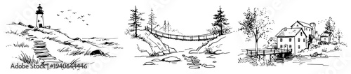 Set of three hand drawn vector landscapes featuring a lighthouse a suspension bridge and a river village