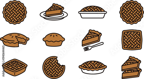 Collection of delicious baked pies and slices with lattice crusts and forks isolated on white