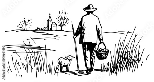 Vector drawing of a man walking through a countryside field with a basket and a lamb