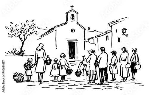 Detailed vector sketch of people with baskets walking to a village church for blessing
