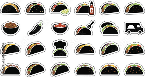 Collection of diverse taco illustrations and related Mexican food items presented on white background